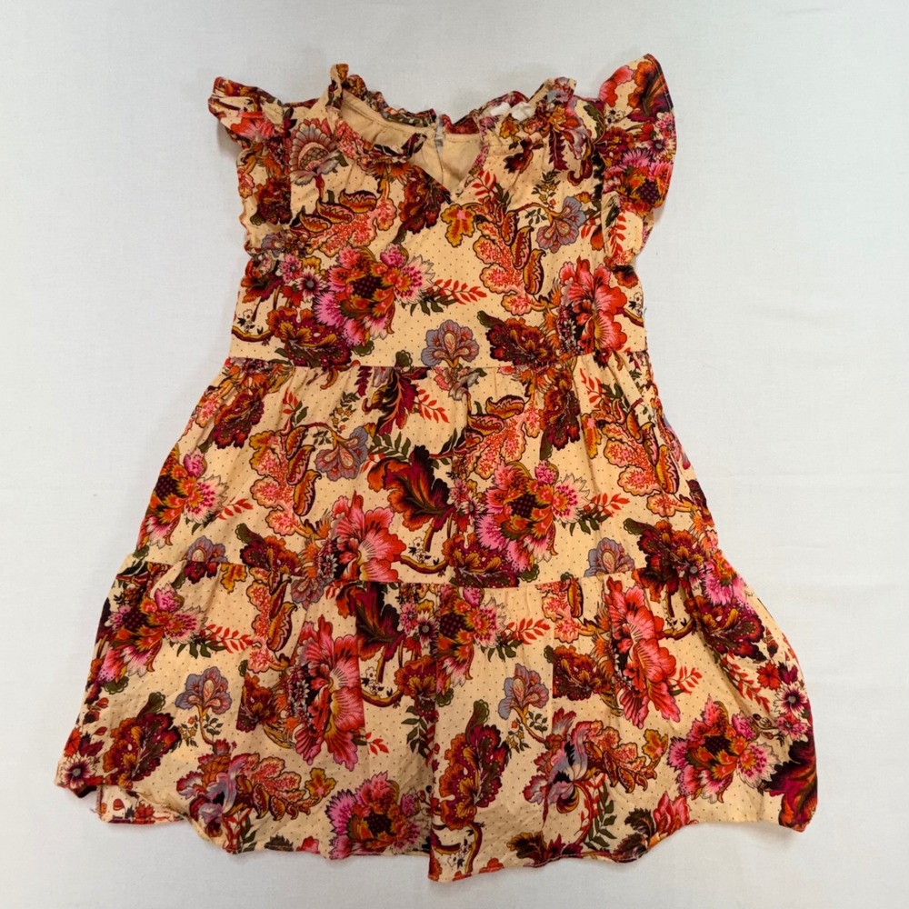 A Loves A Girls Floral Tiered Cotton Dress Ruffle Sleeve Peach Multi Size 5 - Picture 1 of 7